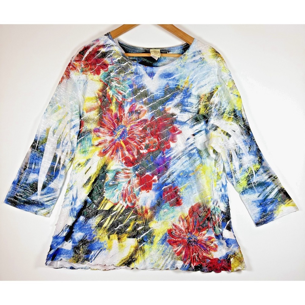Jess and Jane Floral Top 1X Blue Red Abstract Ruffle Emotions Made in USA